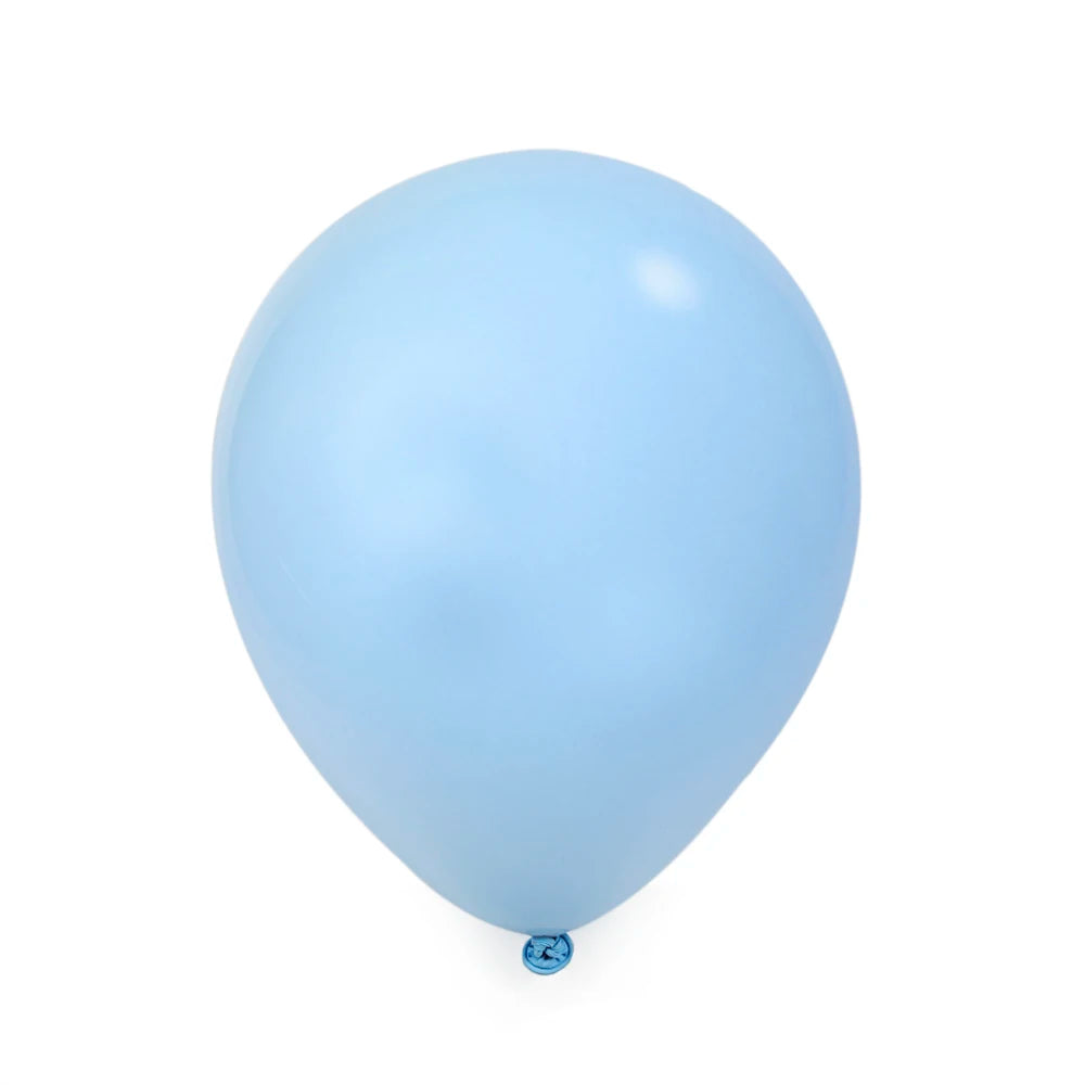 A single light blue matte latex balloon floating against a white background.