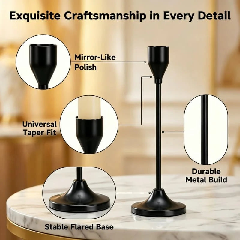 Black metal candle holder with a taper fit and stable flared base featuring mirror-like polish.
