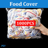 A hand holds a pile of 1000 reusable white and blue elastic food covers for keeping bowls, plates, and containers.