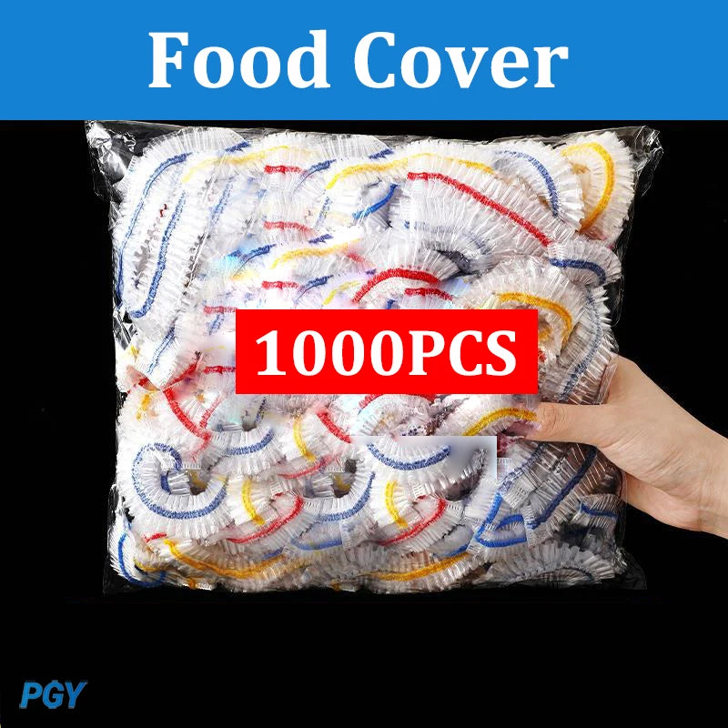 A hand holds a pile of 1000 reusable white and blue elastic food covers for keeping bowls, plates, and containers.