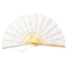 Vintage white lace hand fan with a yellow feather pendant and tassel