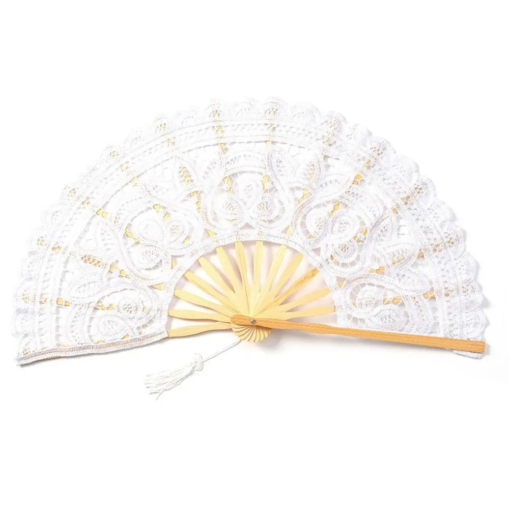 Vintage white lace hand fan with a yellow feather pendant and tassel