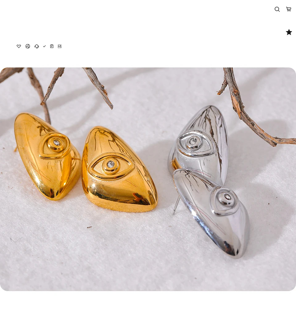 Pair of geometric stud earrings in gold and silver stainless steel on a white background