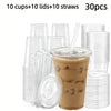 A set of 30 reusable disposable plastic cups, lids, and straws for beverages.