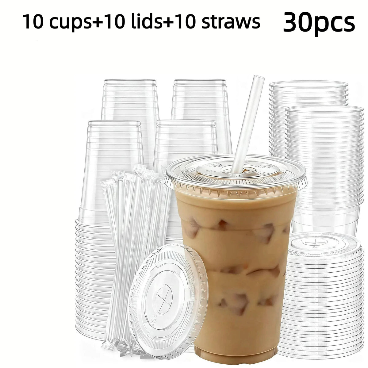 A set of 30 reusable disposable plastic cups, lids, and straws for beverages.