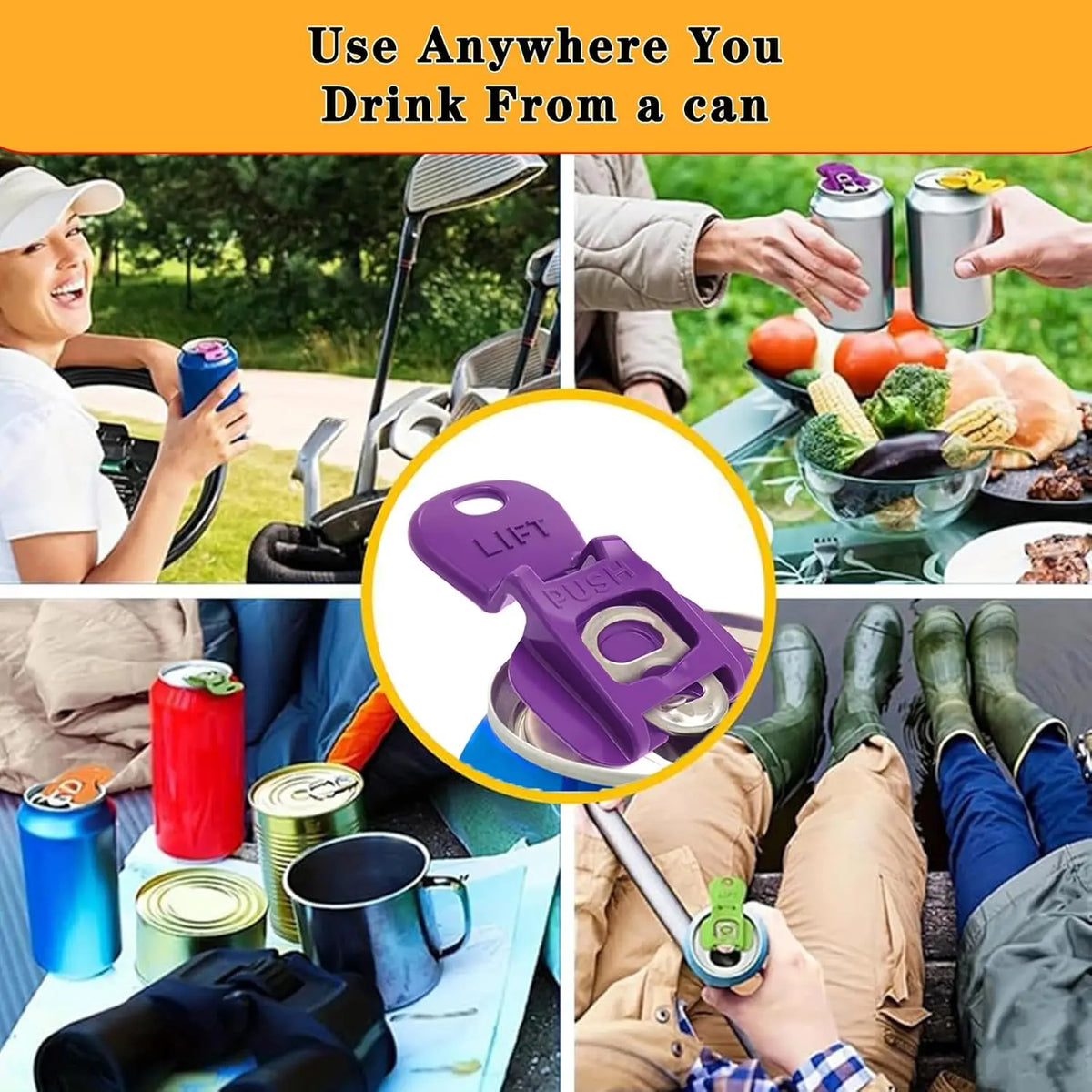 A purple portable manual can opener is shown next to various canned and bottled drinks in an outdoor setting.