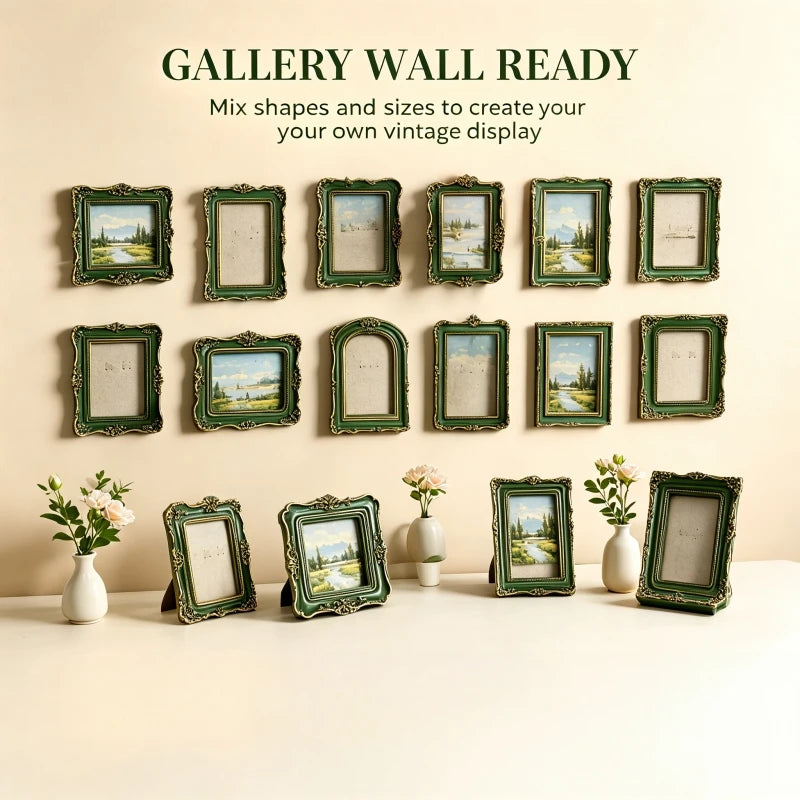 A gallery wall display featuring multiple vintage baroque resin picture frames in various sizes and greens.