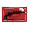 A red flag tapestry featuring a silhouette of a rifle and a large white moon against a red background.