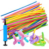 A bundle of assorted latex balloons in various bright colors, including blue, pink, yellow, and green.