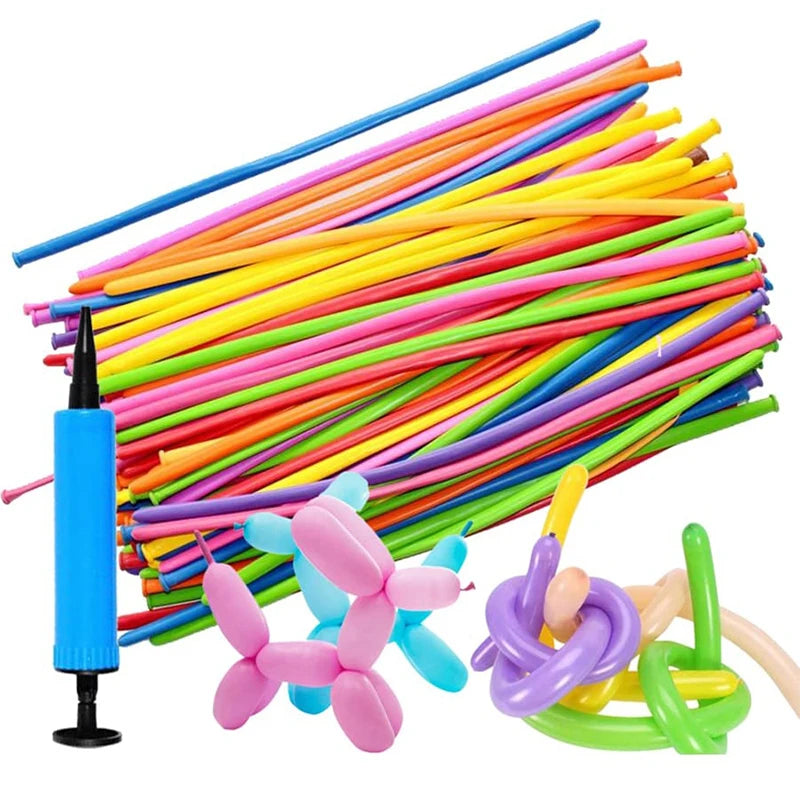 A bundle of assorted latex balloons in various bright colors, including blue, pink, yellow, and green.