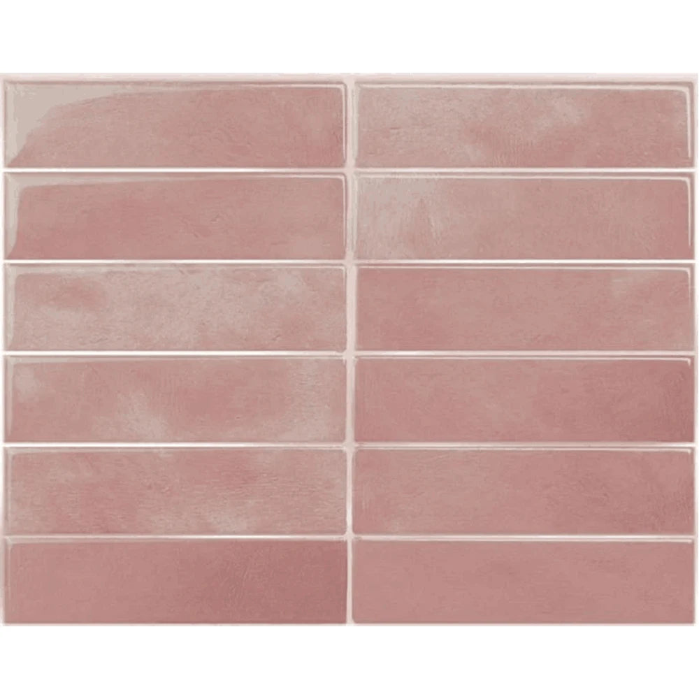 Rectangular pink ceramic tiles arranged in a grid pattern for a backsplash
