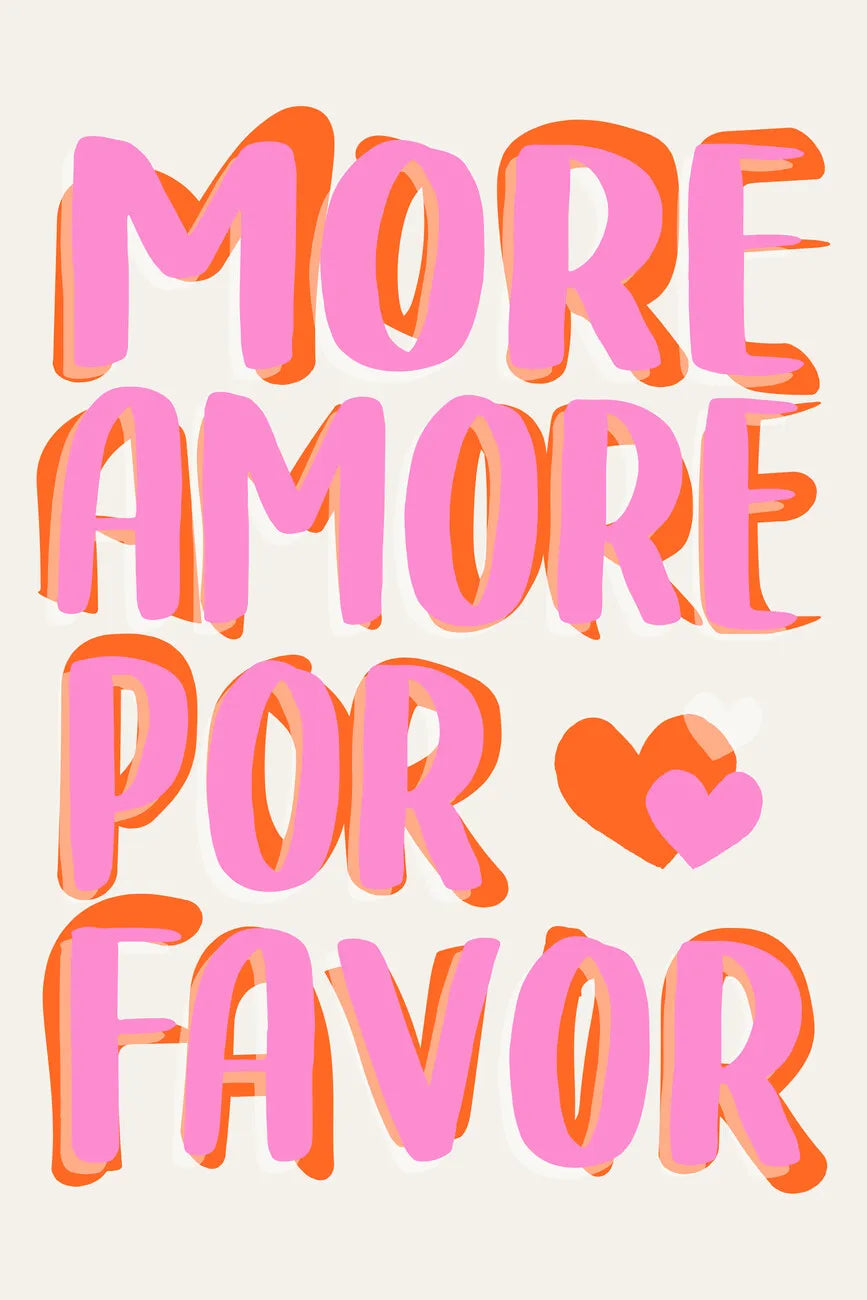 Pink and orange text reads MORE AMORE POR FAVOR in a playful, rounded font.