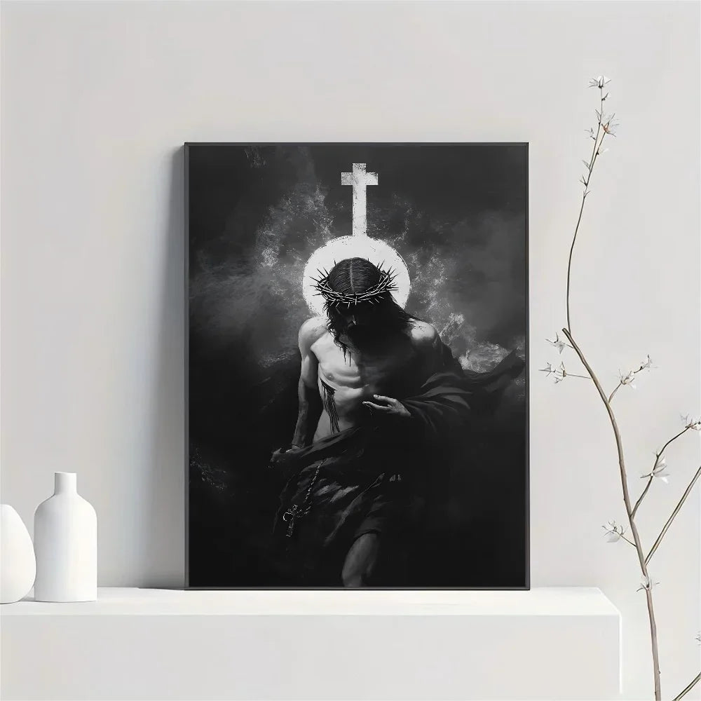 Black and white canvas art print depicting a figure with a crown and halo holding a cross.
