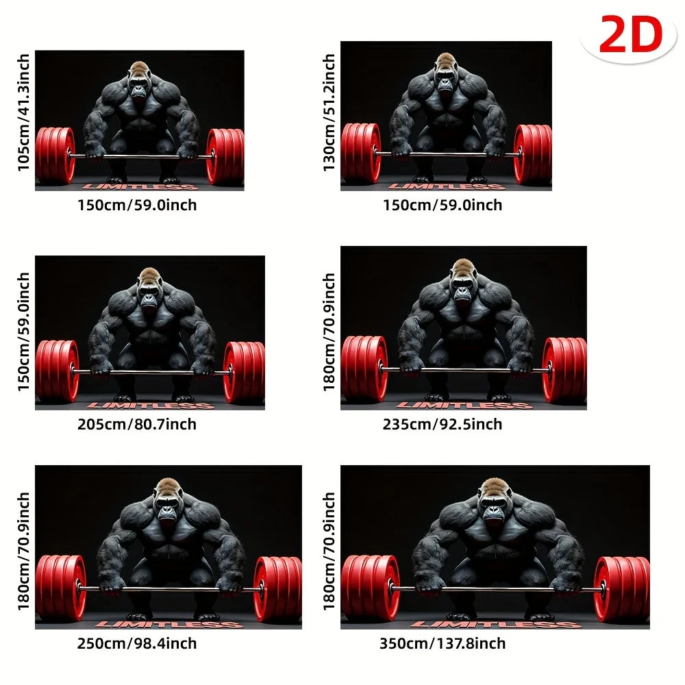 A series of images showing a gorilla lifting weights with various barbells and weights against a black background.