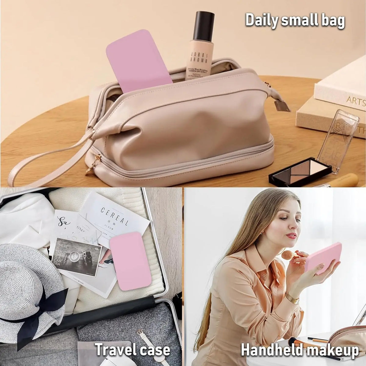 A daily small bag containing a portable touch screen makeup mirror and other cosmetics.