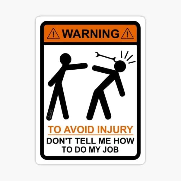 A yellow warning sign depicting two figures, one striking another with a stick, with text advising to avoid injury and not te