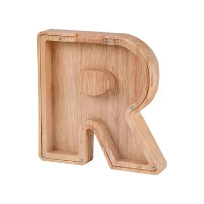 Wooden alphabet letter R piggy bank coin box for kids in light wood color