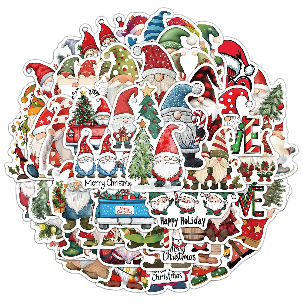 A collection of 50 waterproof and cute Christmas Santa decorations, including various elf and dwarf figures.
