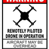A red and white warning sign indicating a remotely piloted drone in operation, with text advising to locate and observe.