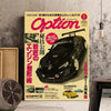 Affiche publicitaire pour la modification et la technologie de voitures, mettant en vedette une voiture de sport noire.