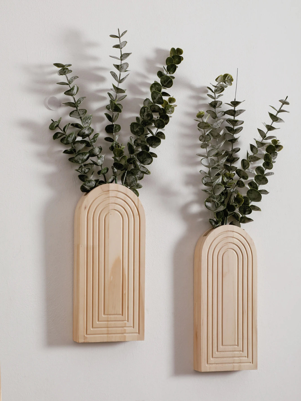 Jarrón de pared arqueado de madera con follaje verde contra una pared blanca.