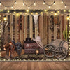 A rustic wild west cowboy birthday backdrop featuring wooden walls, leather goods, and antique barrels for a party scene.