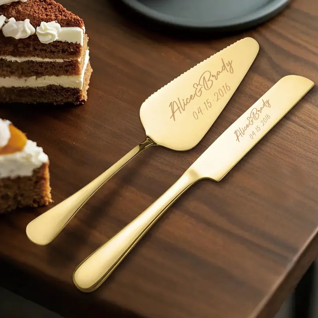 Personalized Engraved Stainless Steel Cake Knife and Server Set