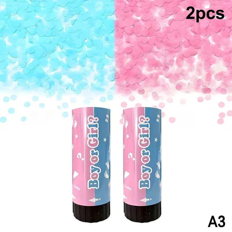 Two pink and blue confetti cannons for a gender reveal event