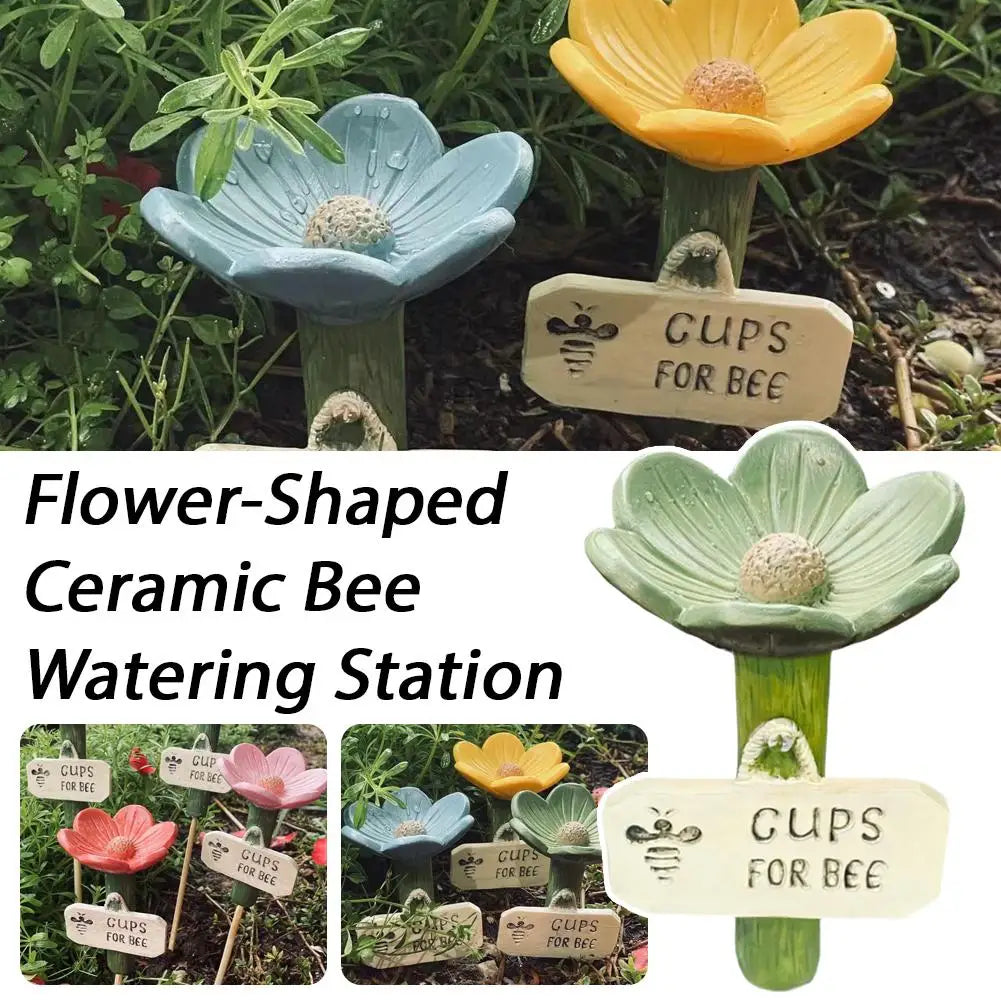 Flower-shaped ceramic bee watering station with yellow and blue flowers for bees