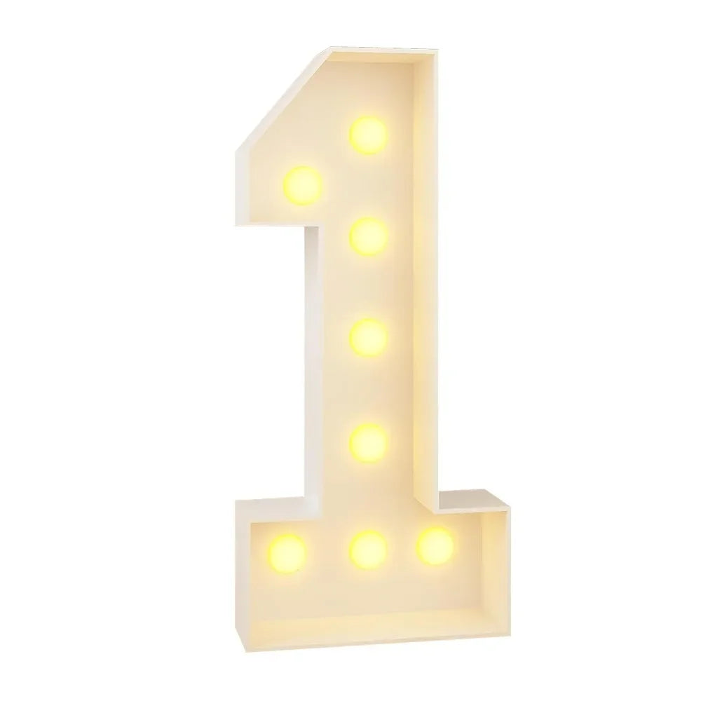 A large, illuminated number one made of LED lights for party decorations.