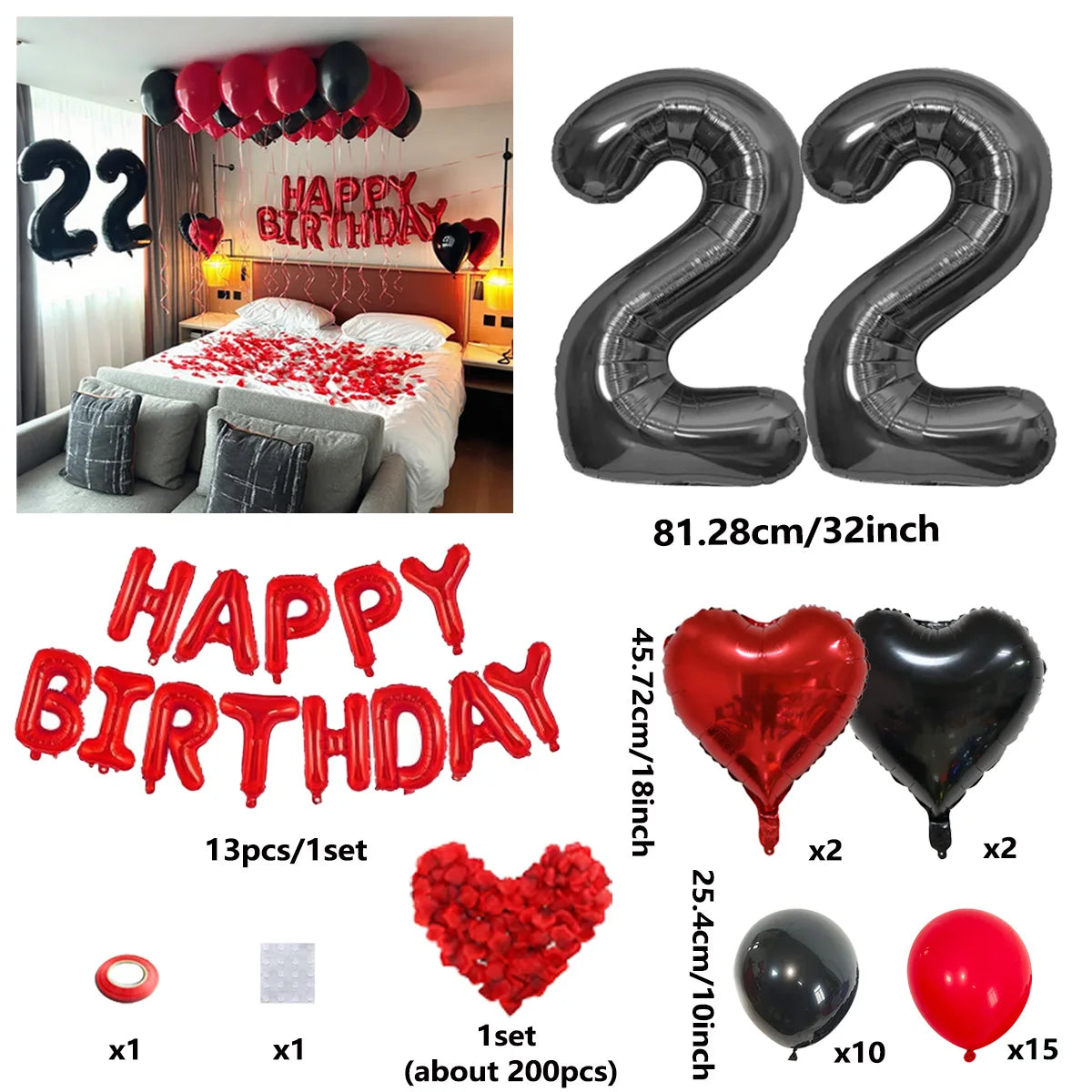 A set of red and black birthday balloons including a 22-inch number balloon, heart balloons, and solid colored balloons.