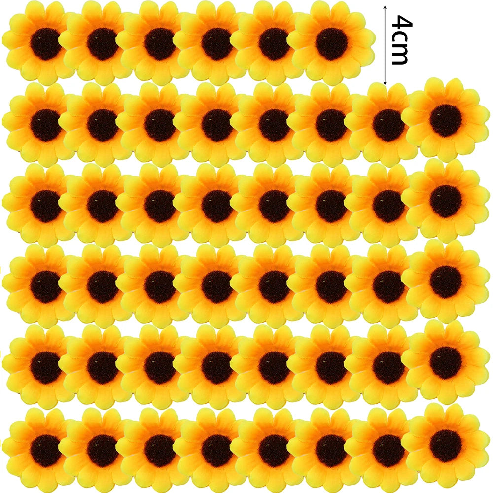 A row of yellow artificial sunflower heads used for DIY crafts and decor.