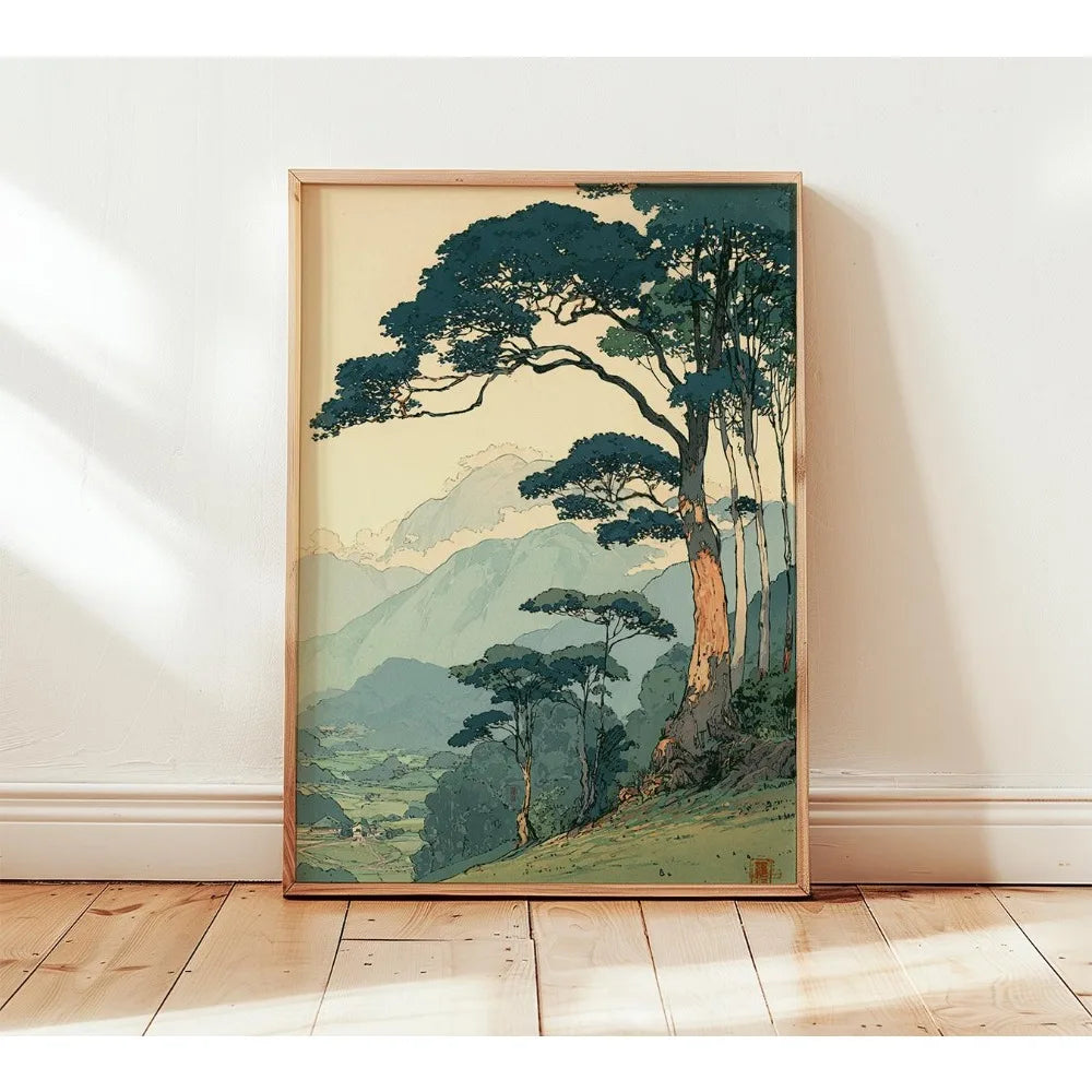 A framed canvas print depicting a large, sprawling Japanese tree against a misty mountain landscape.