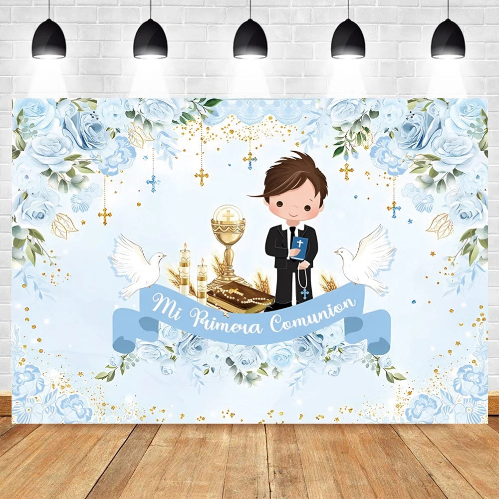 A light blue floral backdrop featuring a child, gold accents, and delicate leaves for a First Communion celebration.