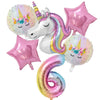 A collection of pink and iridescent balloons featuring unicorn and star decorations for a birthday party.
