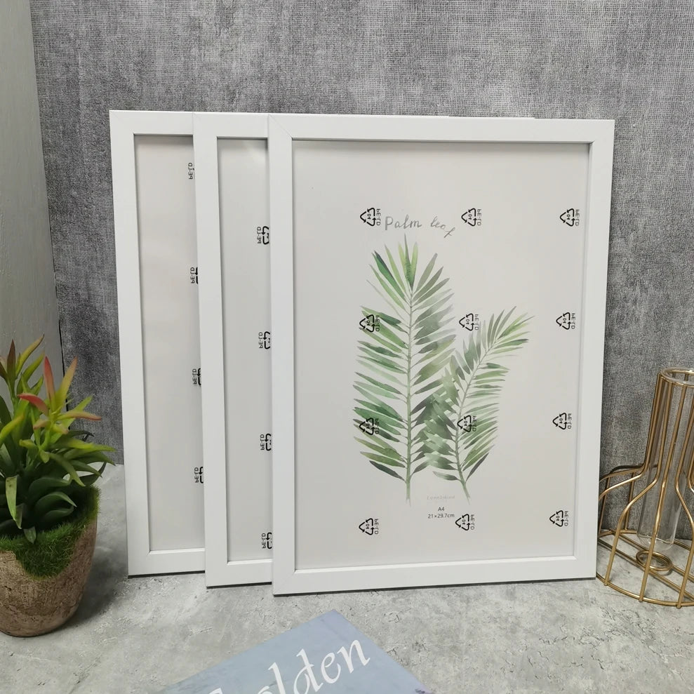 A set of three white wooden photo frames displayed against a gray wall with green foliage.