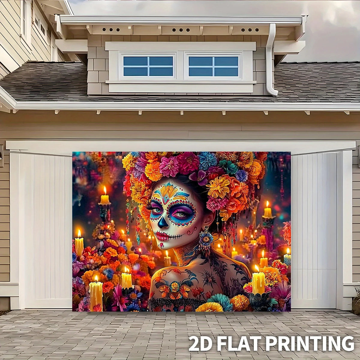 Oversize Day of the Dead sugar skull backdrop featuring a vibrant floral calavera design.