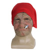 A funny granny latex mask featuring wrinkled skin and a red scarf displayed on a mannequin head.