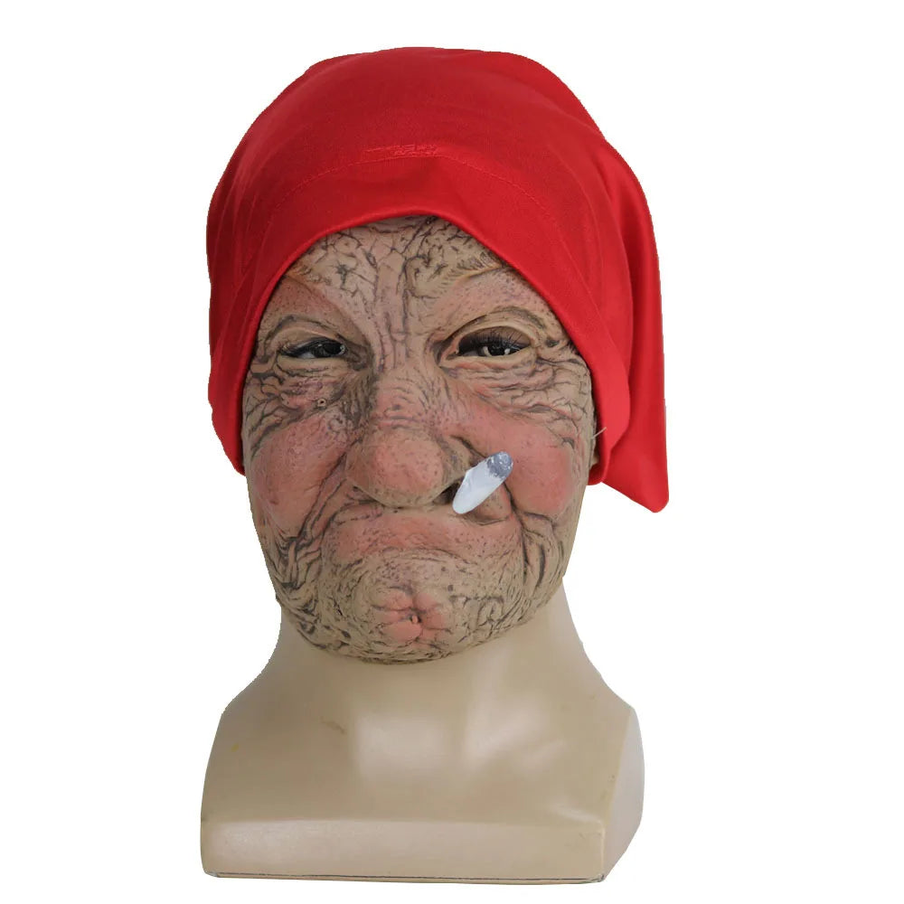 A funny granny latex mask featuring wrinkled skin and a red scarf displayed on a mannequin head.