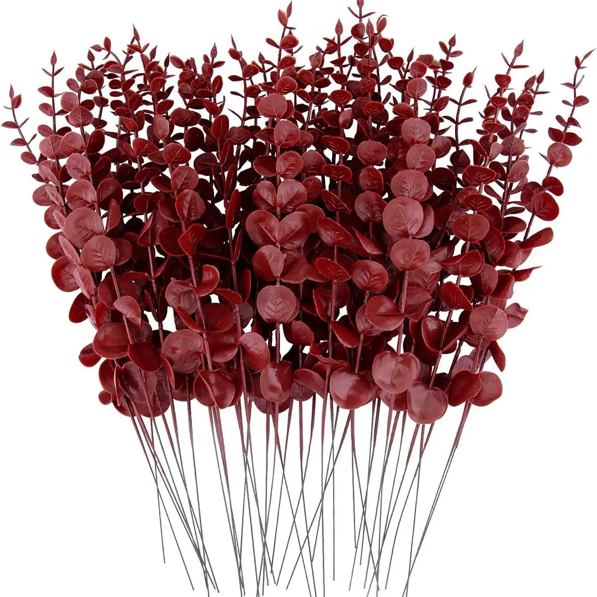 A bundle of deep red artificial eucalyptus leaves used for home and event decoration.