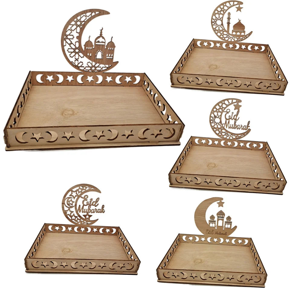 Bandeja de Eid Mubarak de madera con diseños decorativos de luna creciente y estrella para decoración de Ramadán