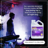 A white bottle of fog machine liquid is shown next to a person creating fog in a performance setting.