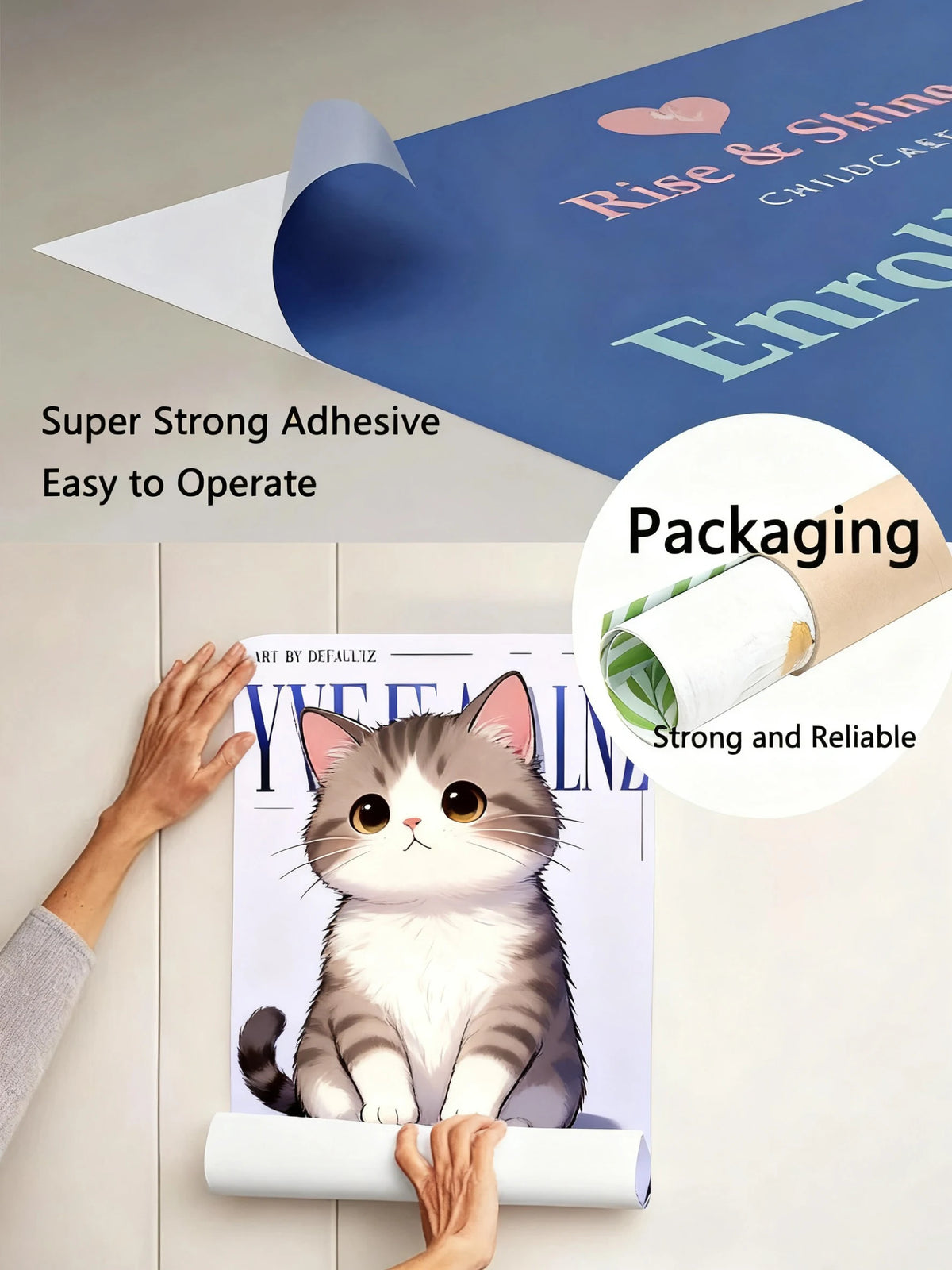A close-up of a cat is featured on a poster, demonstrating the strong adhesive and reliable packaging of the product.