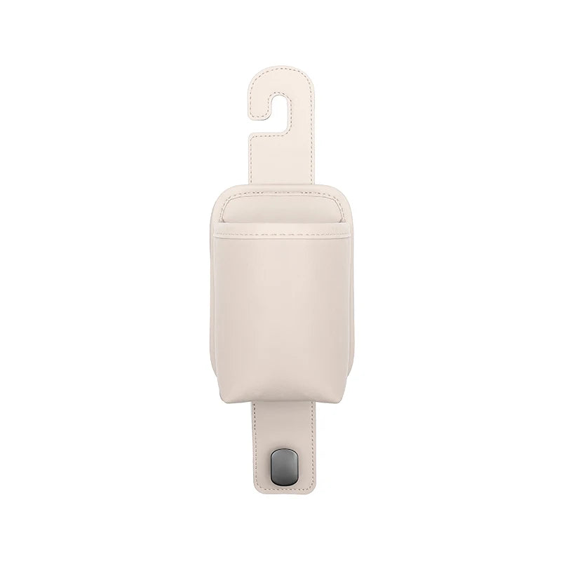 A beige leather car seat back organizer with a headrest hanger and a clip.