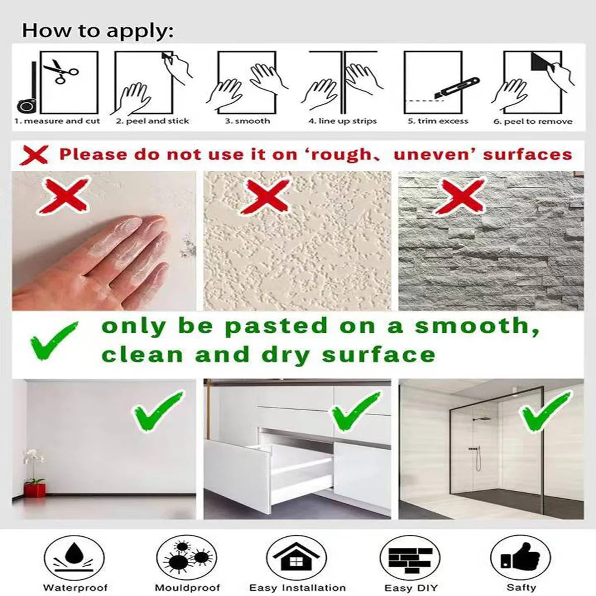 Instructions show how to apply matte peel and stick decor stickers on a smooth, clean surface.