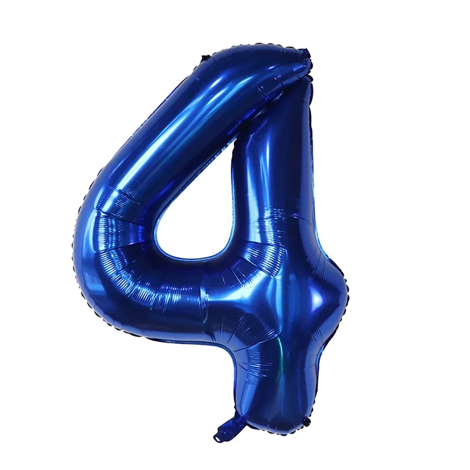 A large, shiny dark blue foil number balloon shaped like the numeral 4.