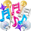 A set of colorful music note foil balloons in shades of purple, pink, blue, and gold.