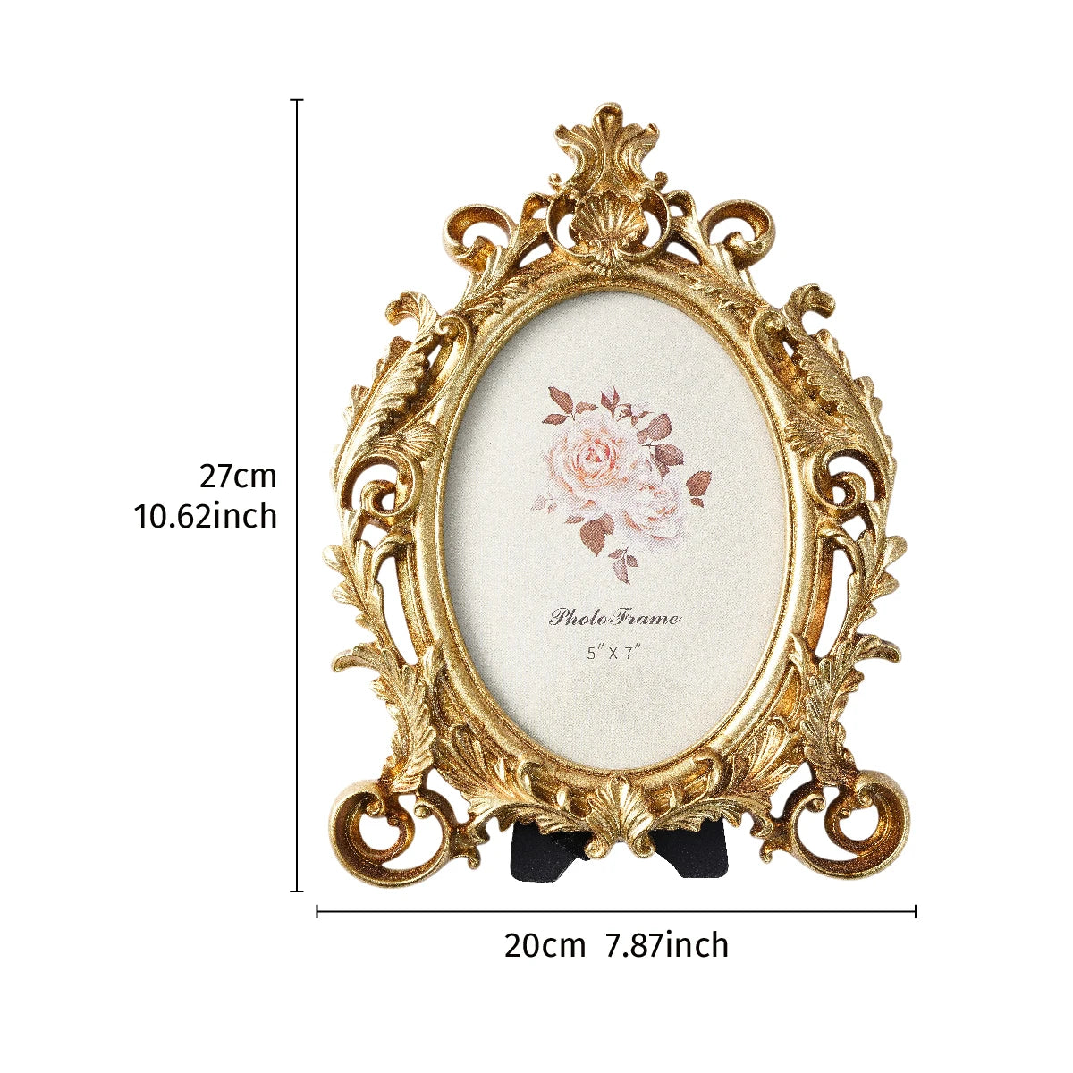 Vintage gold oval resin picture frame with a floral design and ornate detailing