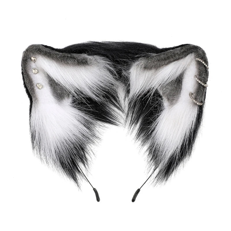 A pair of black and white faux fur fox ears headband for cosplay or themed parties.