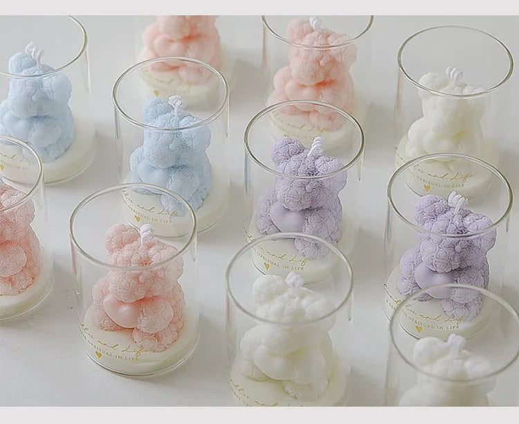 Rose Bear Scented Soy Wax Candle in Glass Cup